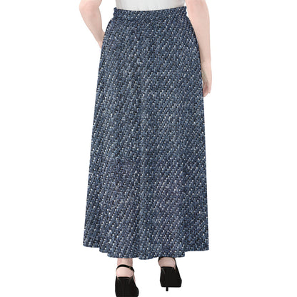 Vintage Blue Denim Jeans Print Chiffon Maxi Skirt