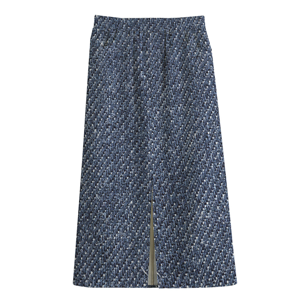 Vintage Blue Denim Jeans Print Cotton Front Slit Maxi Skirt