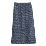 Vintage Blue Denim Jeans Print Cotton Front Slit Maxi Skirt