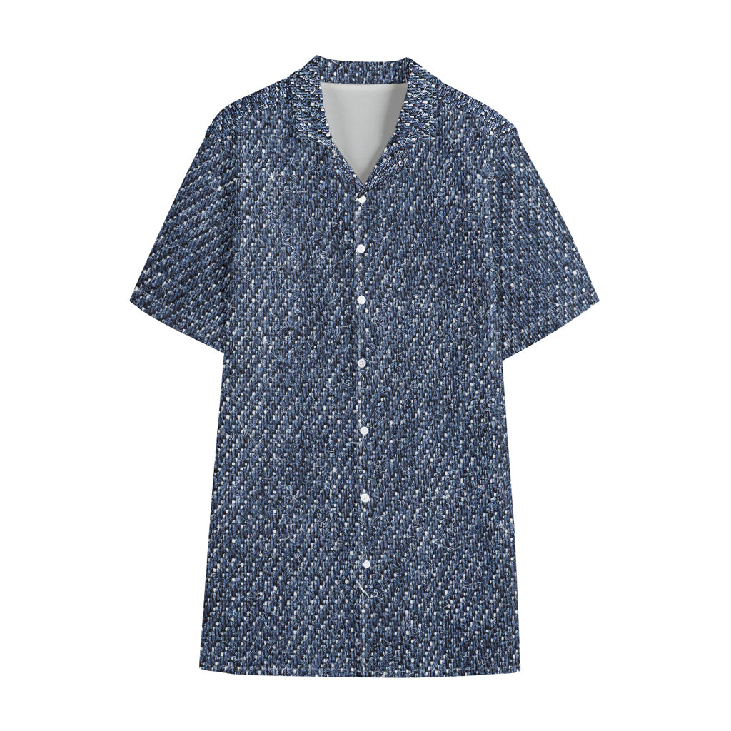 Vintage Blue Denim Jeans Print Cotton Hawaiian Shirt