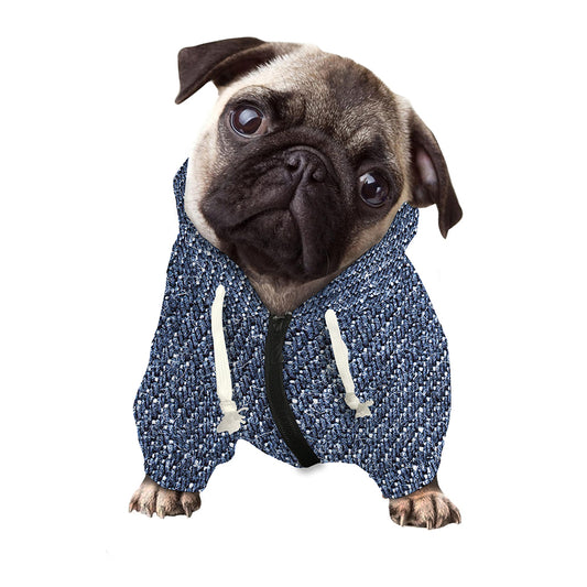 Vintage Blue Denim Jeans Print Dog Zip Up Hoodie