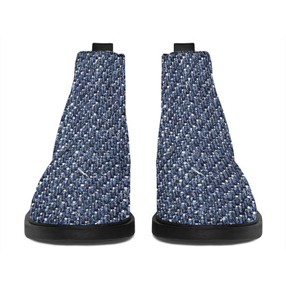 Vintage Blue Denim Jeans Print Flat Ankle Boots