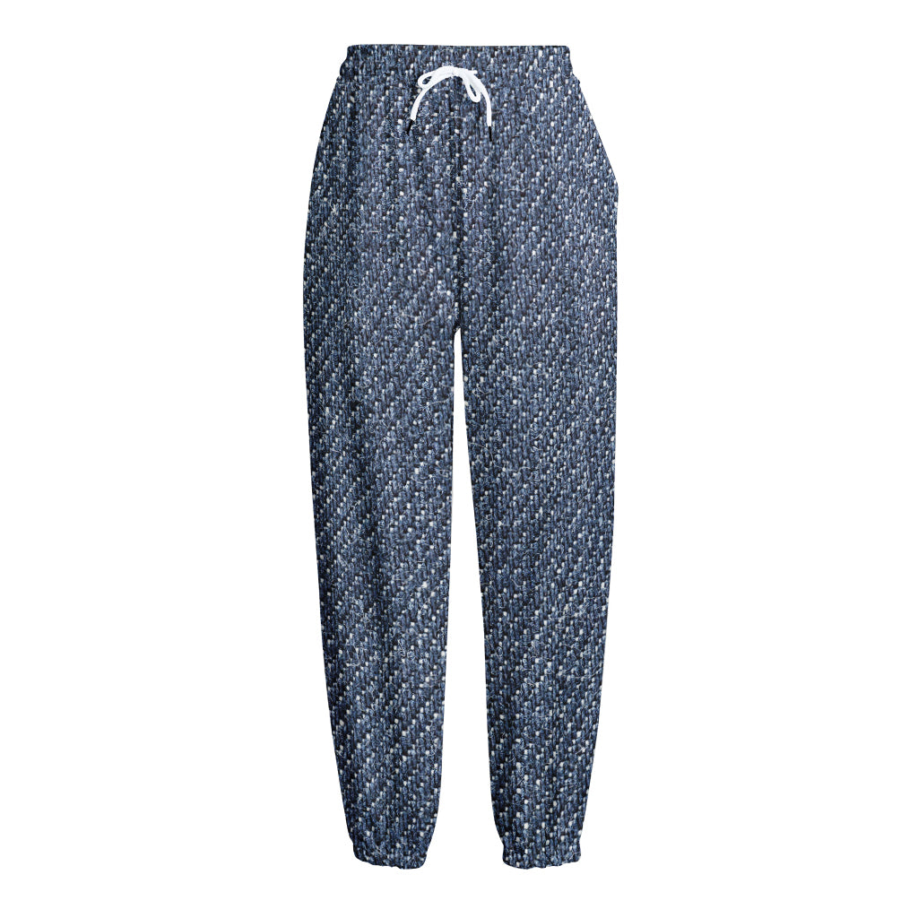 Vintage Blue Denim Jeans Print Fleece Lined Knit Pants