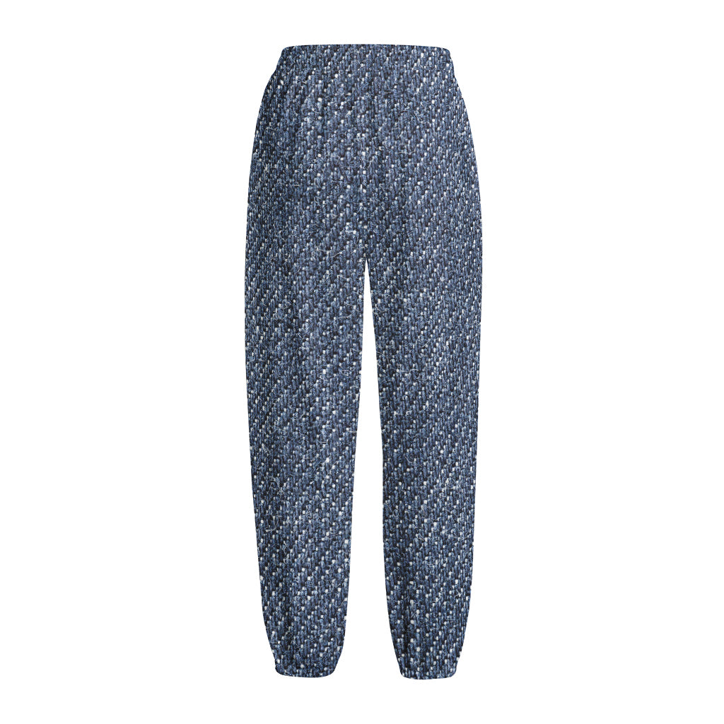 Vintage Blue Denim Jeans Print Fleece Lined Knit Pants