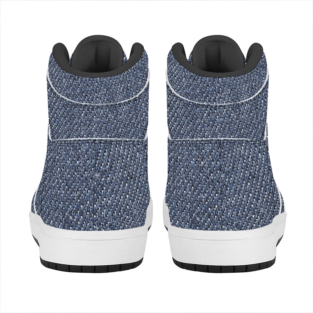 Vintage Blue Denim Jeans Print High Top Leather Sneakers