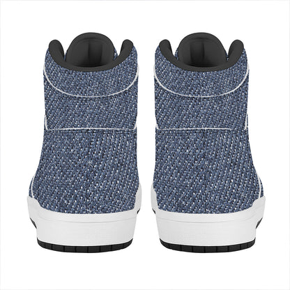 Vintage Blue Denim Jeans Print High Top Leather Sneakers