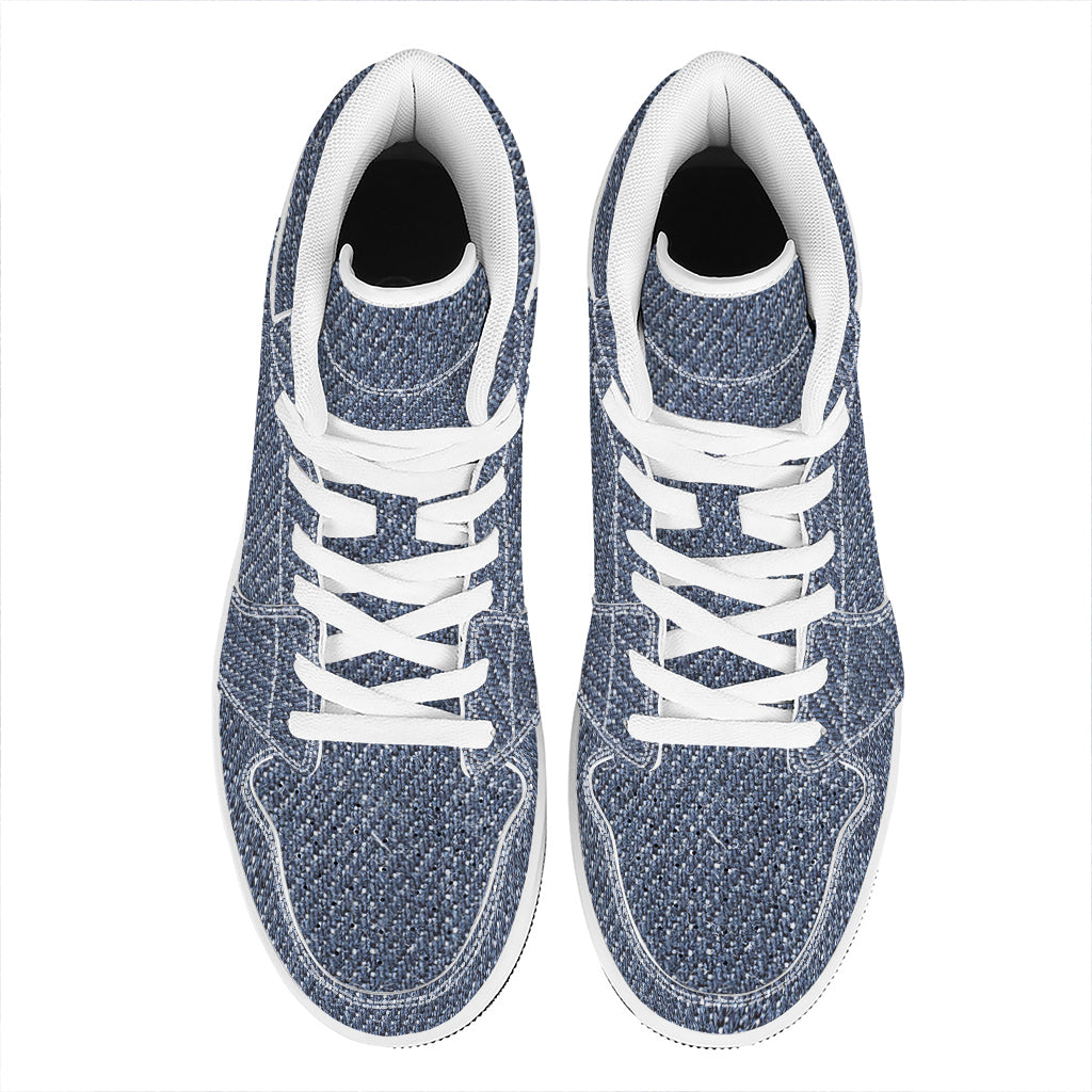 Vintage Blue Denim Jeans Print High Top Leather Sneakers