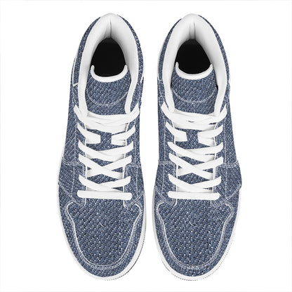 Vintage Blue Denim Jeans Print High Top Leather Sneakers