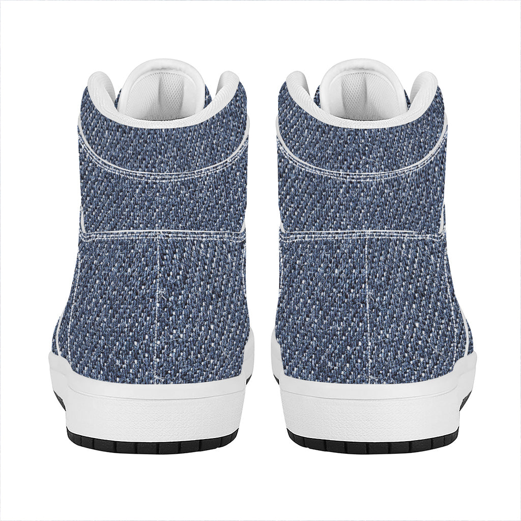 Vintage Blue Denim Jeans Print High Top Leather Sneakers