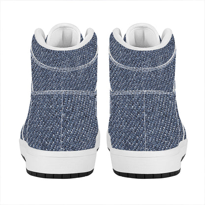 Vintage Blue Denim Jeans Print High Top Leather Sneakers