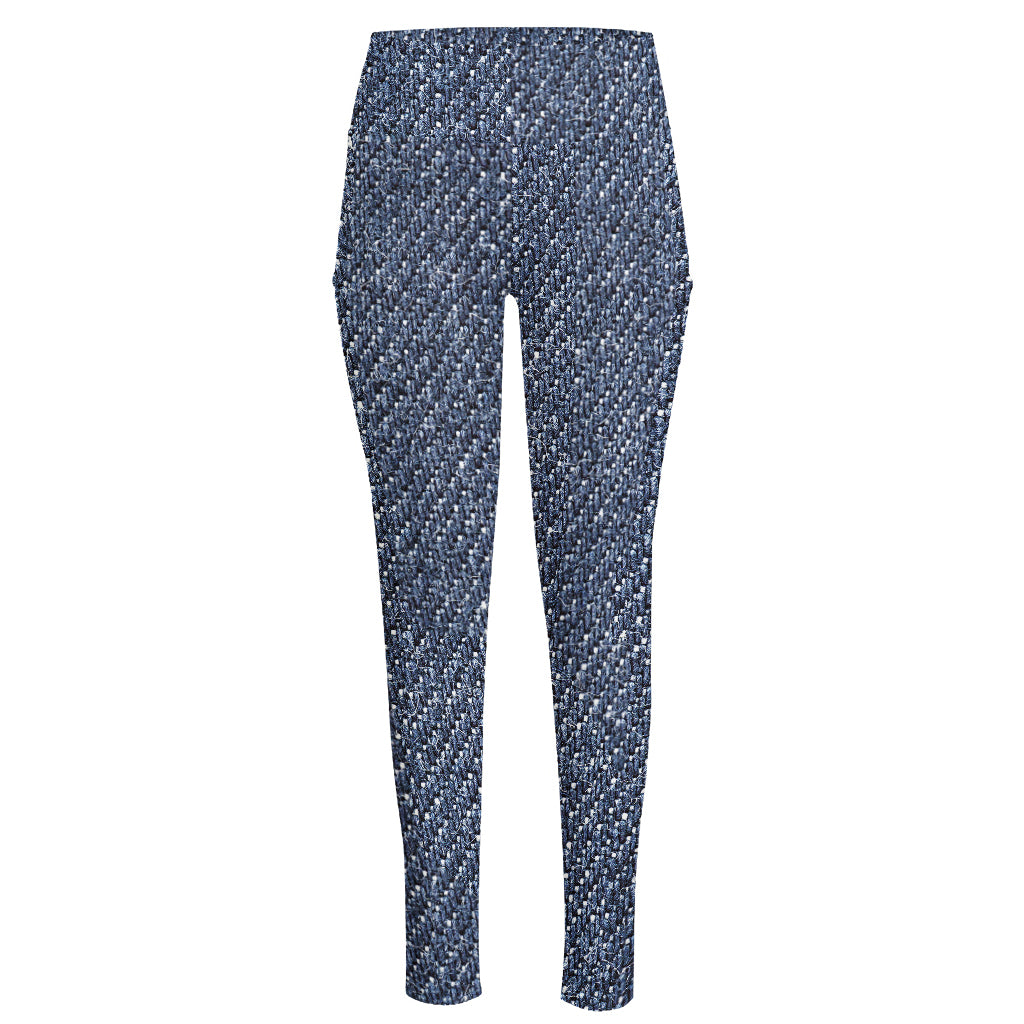 Vintage Blue Denim Jeans Print High-Waisted Pocket Leggings