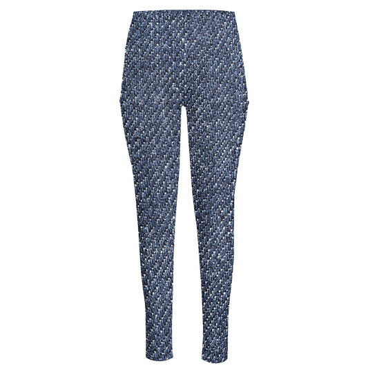 Vintage Blue Denim Jeans Print High-Waisted Pocket Leggings