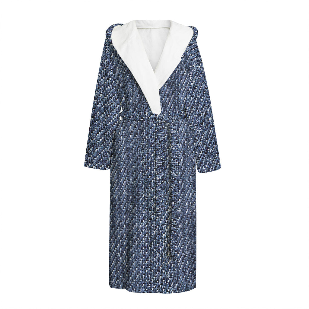 Vintage Blue Denim Jeans Print Hooded Bathrobe