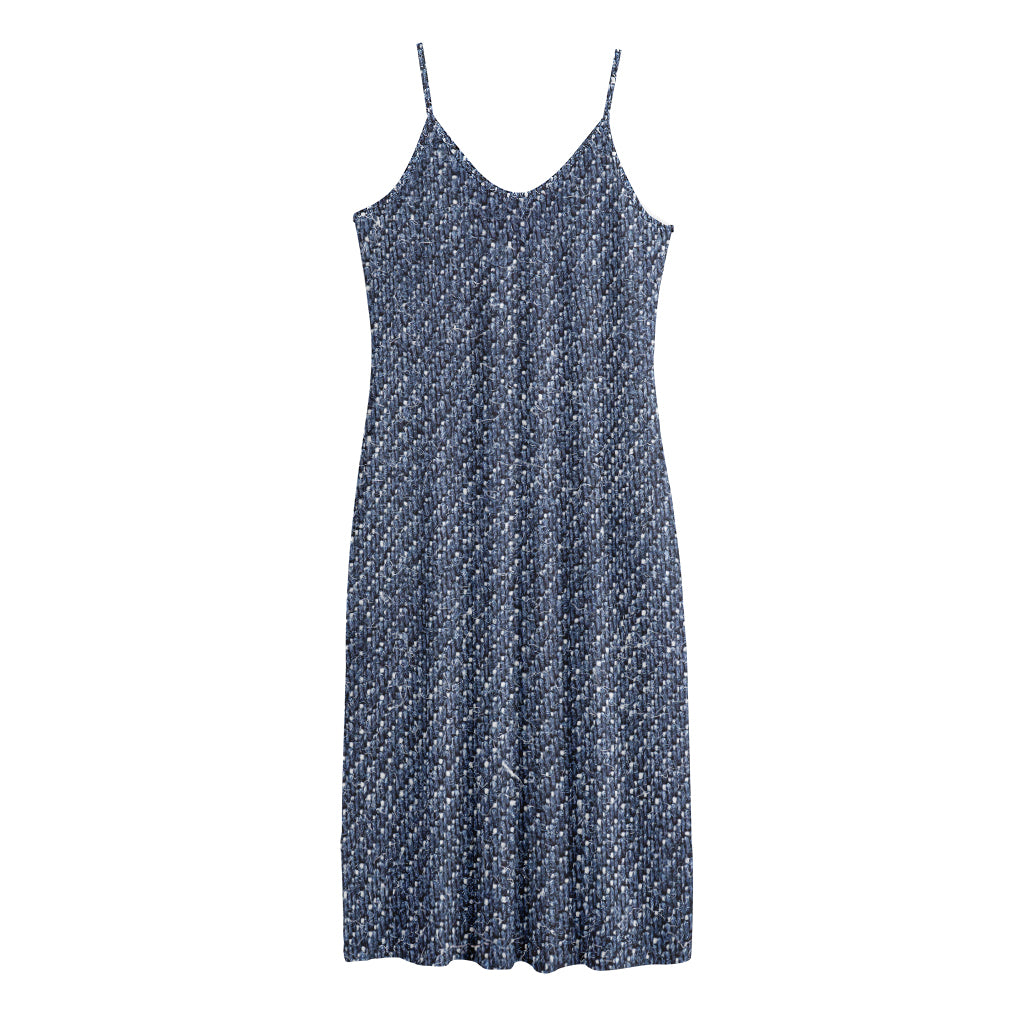 Vintage Blue Denim Jeans Print Jersey Midi Cami Dress