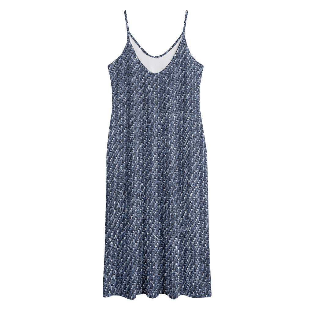 Vintage Blue Denim Jeans Print Jersey Midi Cami Dress