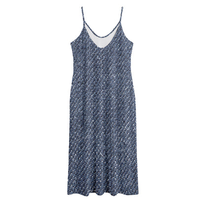 Vintage Blue Denim Jeans Print Jersey Midi Cami Dress