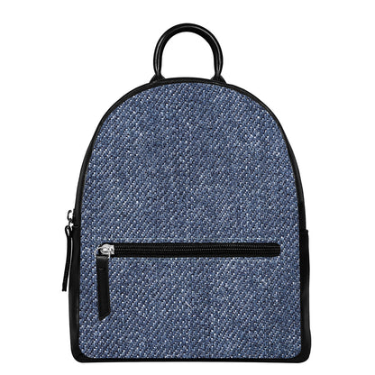 Vintage Blue Denim Jeans Print Leather Backpack