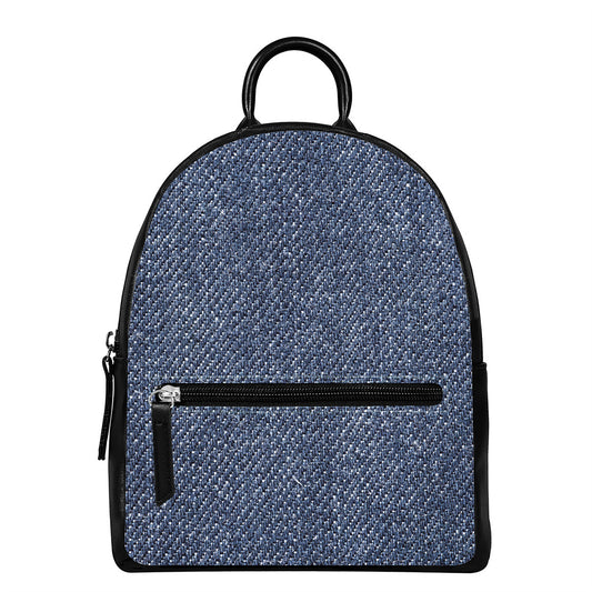 Vintage Blue Denim Jeans Print Leather Backpack
