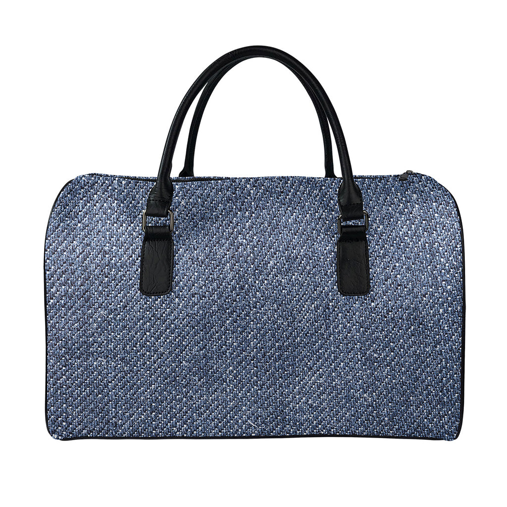 Vintage Blue Denim Jeans Print Leather Duffle Bag