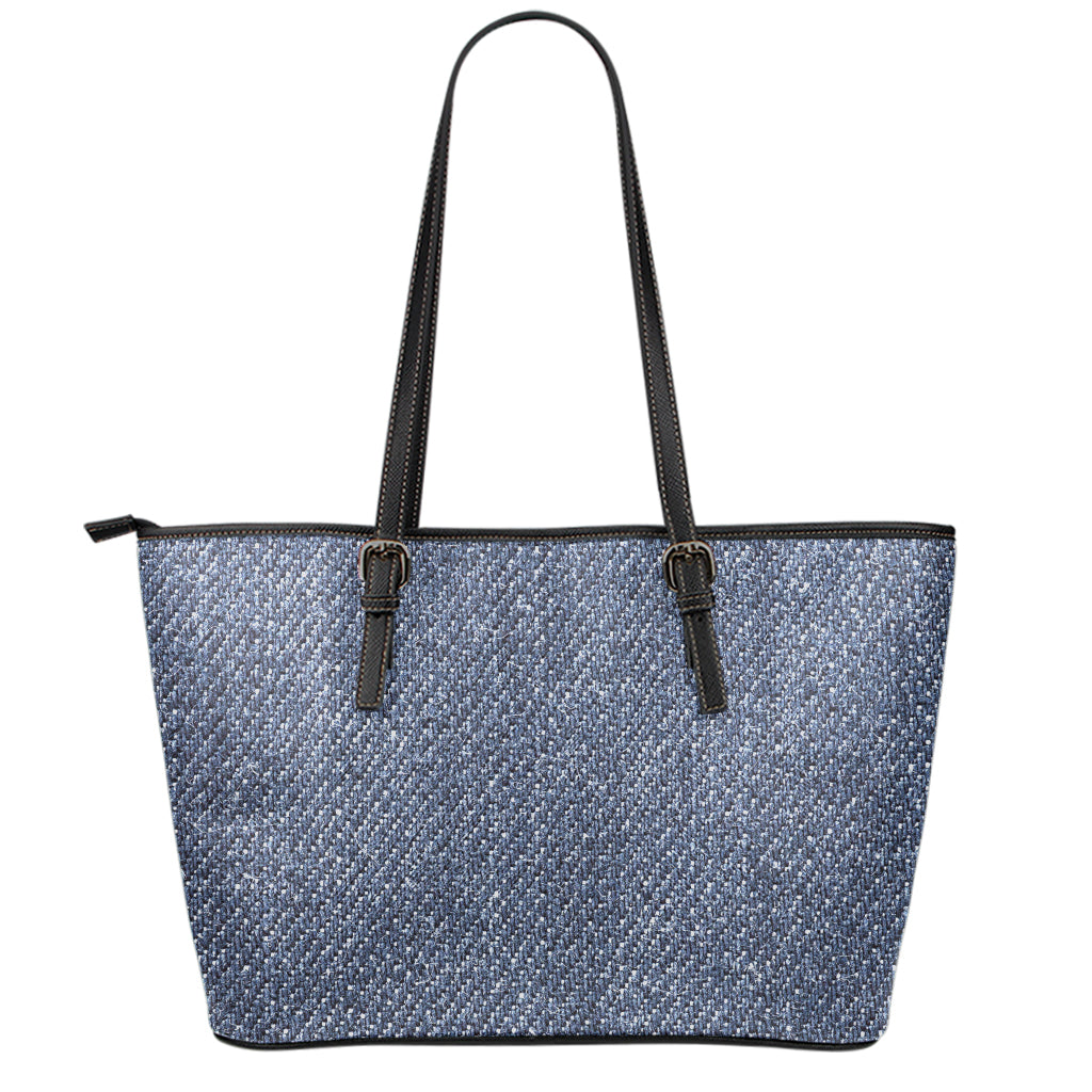 Vintage Blue Denim Jeans Print Leather Tote Bag