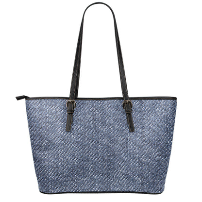 Vintage Blue Denim Jeans Print Leather Tote Bag