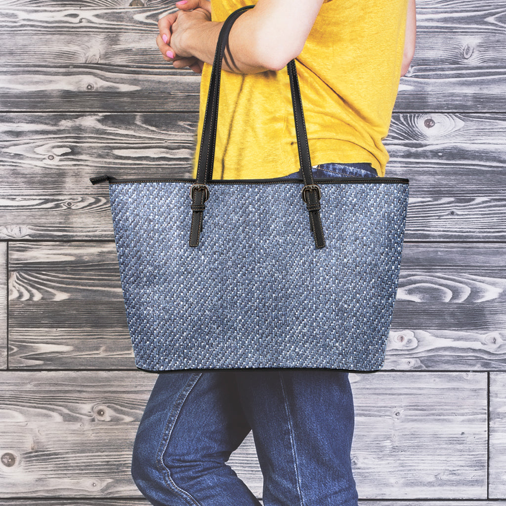 Vintage Blue Denim Jeans Print Leather Tote Bag