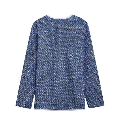 Vintage Blue Denim Jeans Print Long Sleeve Short Coat