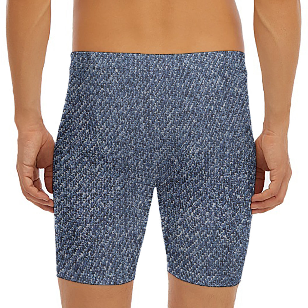 Vintage Blue Denim Jeans Print Men's Long Boxer Briefs