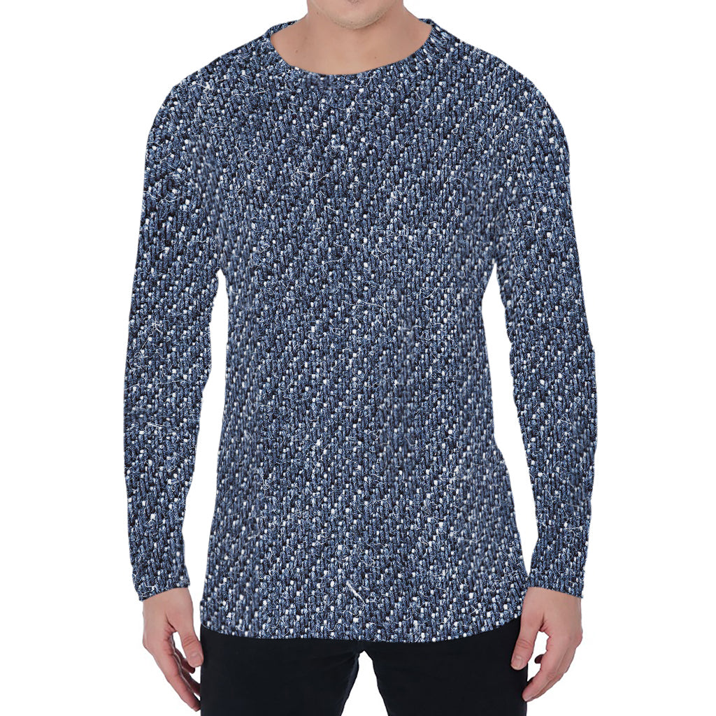 Vintage Blue Denim Jeans Print Men's Long Sleeve T-Shirt