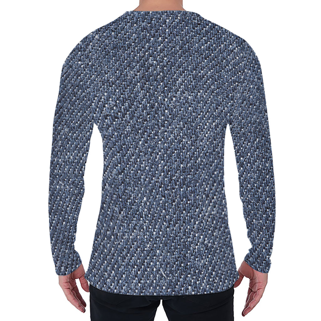 Vintage Blue Denim Jeans Print Men's Long Sleeve T-Shirt