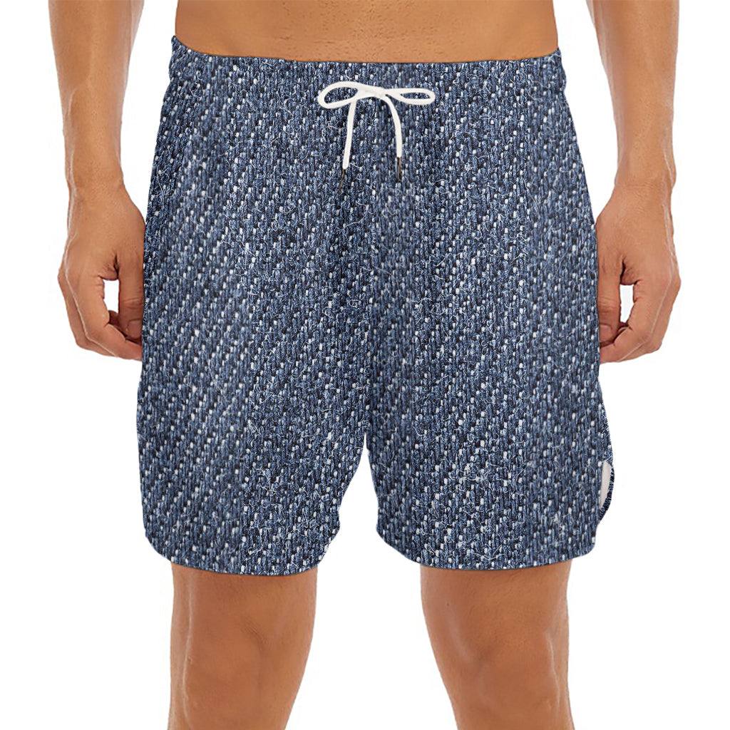 Vintage Blue Denim Jeans Print Men's Split Running Shorts