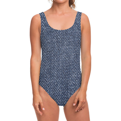 Vintage Blue Denim Jeans Print One Piece Swimsuit