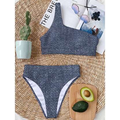 Vintage Blue Denim Jeans Print One Shoulder Bikini Top