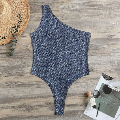 Vintage Blue Denim Jeans Print One Shoulder Bodysuit