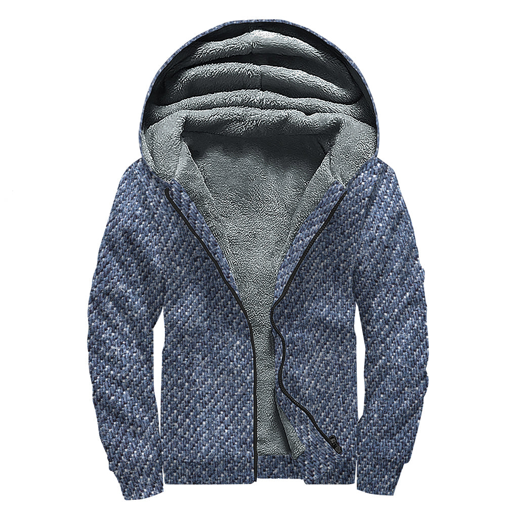 Vintage Blue Denim Jeans Print Sherpa Lined Zip Up Hoodie