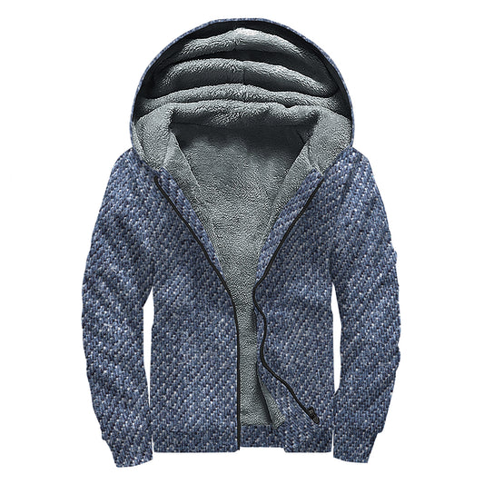 Vintage Blue Denim Jeans Print Sherpa Lined Zip Up Hoodie