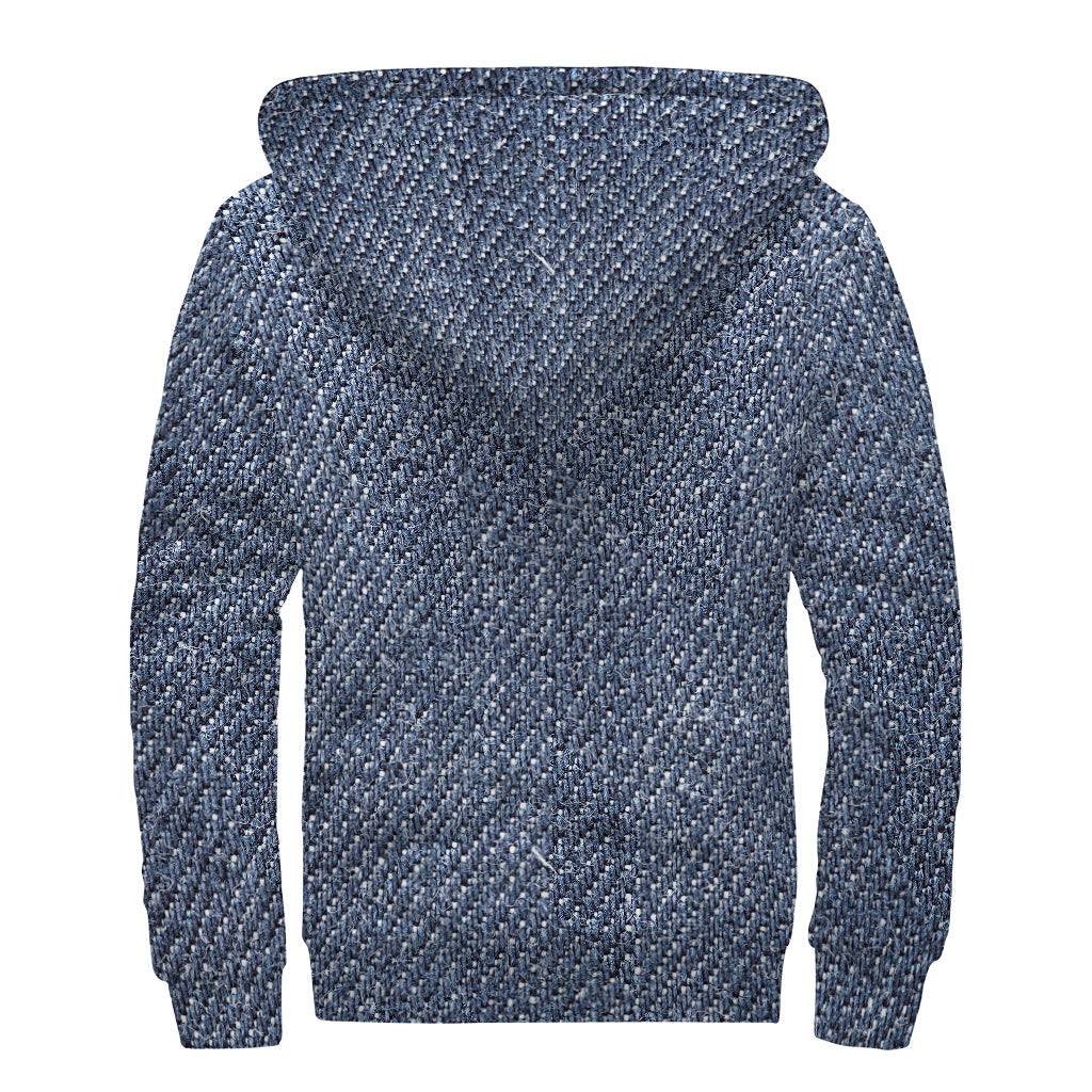 Vintage Blue Denim Jeans Print Sherpa Lined Zip Up Hoodie