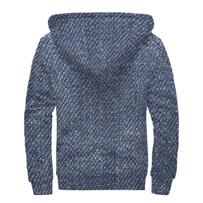 Vintage Blue Denim Jeans Print Sherpa Lined Zip Up Hoodie
