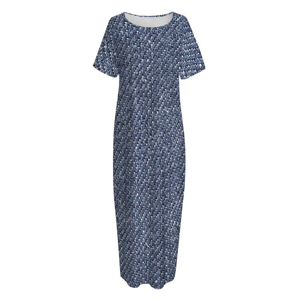 Vintage Blue Denim Jeans Print Short Sleeve Long Nightdress