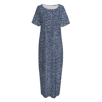 Vintage Blue Denim Jeans Print Short Sleeve Long Nightdress