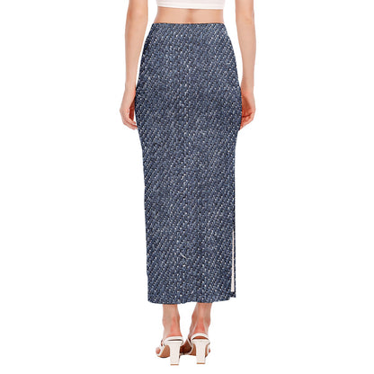 Vintage Blue Denim Jeans Print Side Slit Maxi Skirt