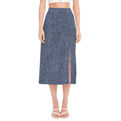Vintage Blue Denim Jeans Print Side Slit Midi Skirt