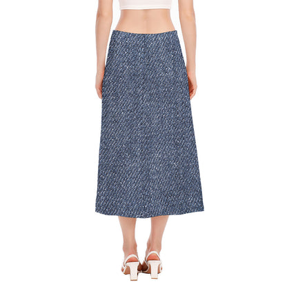 Vintage Blue Denim Jeans Print Side Slit Midi Skirt