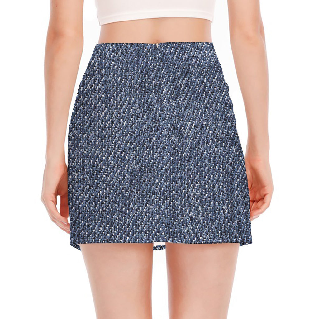 Vintage Blue Denim Jeans Print Side Slit Mini Skirt