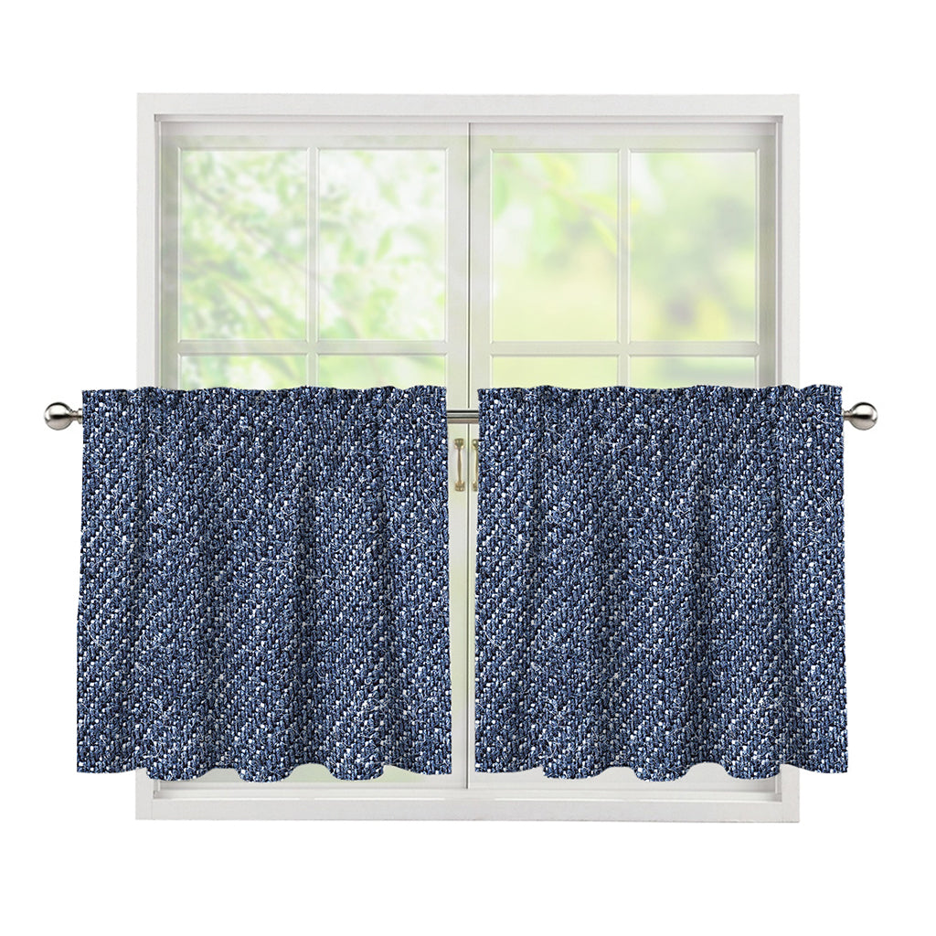 Vintage Blue Denim Jeans Print Tier Curtains