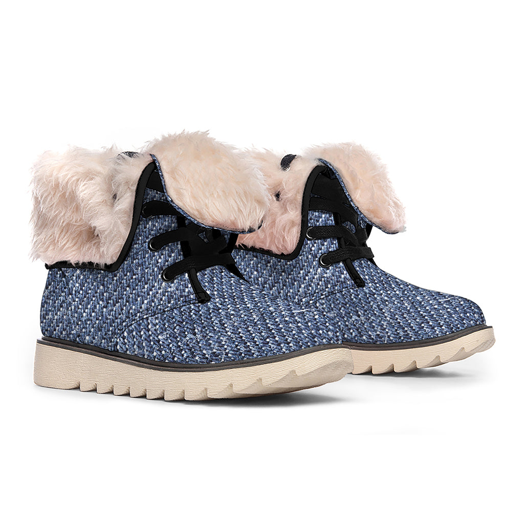 Vintage Blue Denim Jeans Print Winter Boots