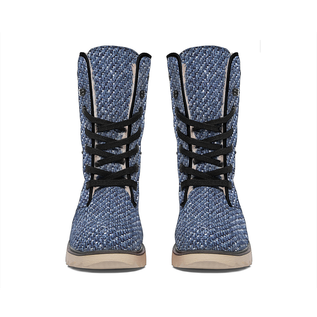 Vintage Blue Denim Jeans Print Winter Boots