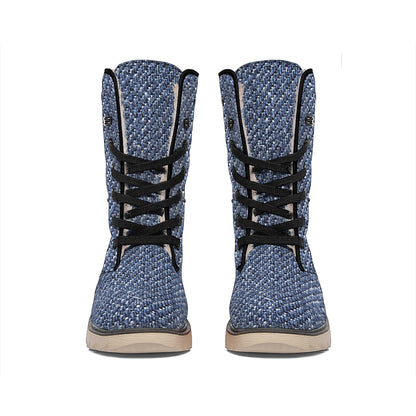 Vintage Blue Denim Jeans Print Winter Boots