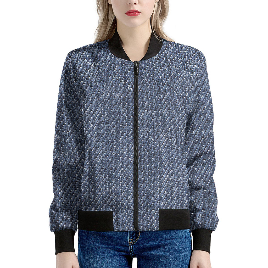 Vintage Blue Denim Jeans Print Women's Bomber Jacket