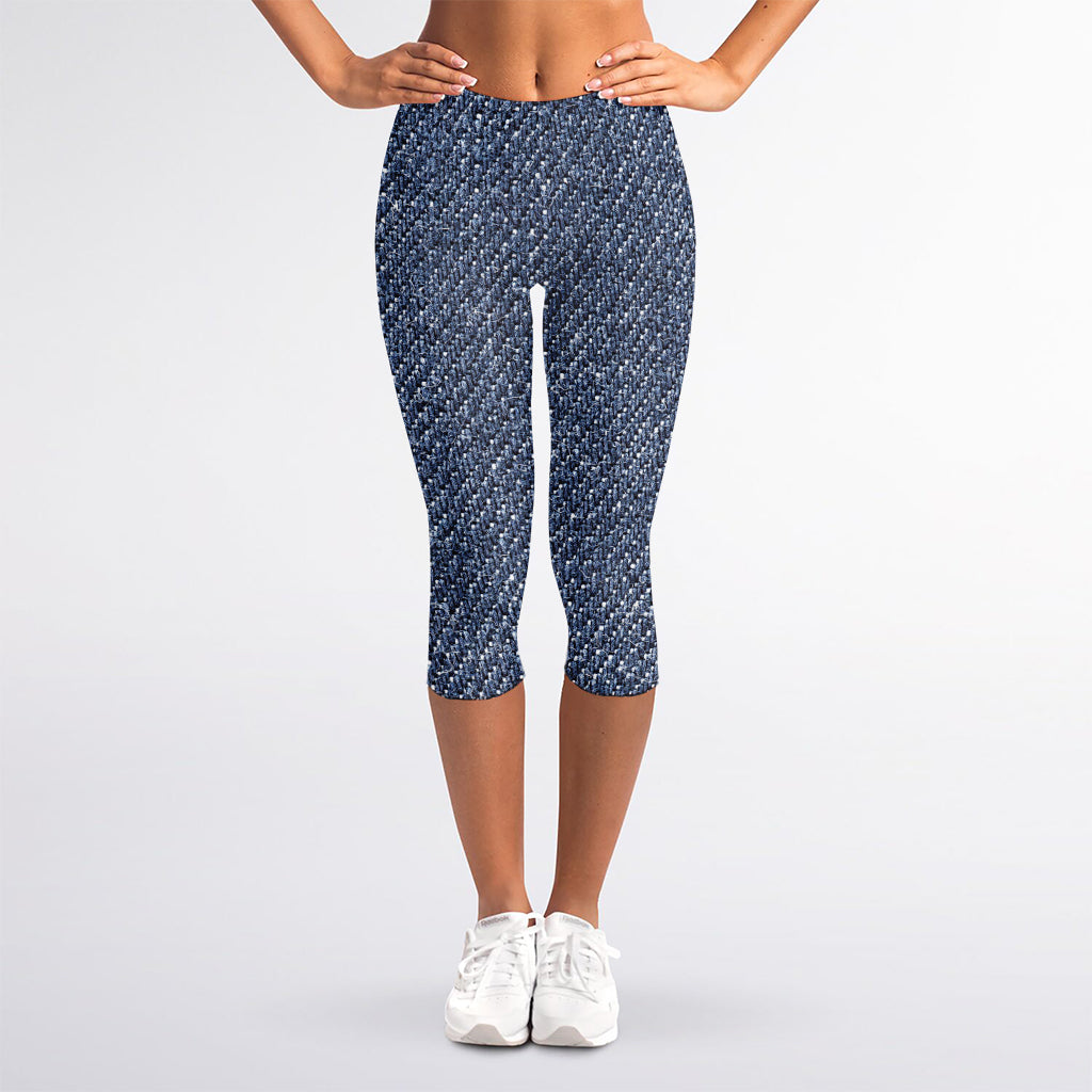 Vintage Blue Denim Jeans Print Women's Capri Leggings